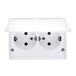 Felületre szerelhető, dupla Schuko aljzat, IP44 fröccsenésálló, áramköri biztonsági zsaluval, Skandináv változat 16A, 250V~, csavaros csatlakozók, fehér Kontakt Simon EGSZ2NZB/11