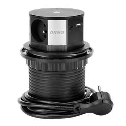 A pultról kihúzható Ø10cm-es bútoraljzat induktív töltővel, USB töltővel és 1,5m-es kábellel, 3x2P+Z, Qi 1.2.4 max. 10W, 2xUSB QC 3.0