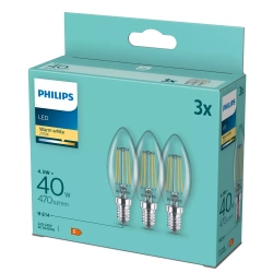 3 db-os készlet, E14 4,3W =40W 2700K meleg, 470lm, B35 gyertyaformájú filament LED izzó Philips