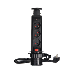 Ø6cm-es, az asztallapból kihúzható bútoraljzat, zárral és 1,8m-es kábellel, 3x2P+Z, fekete színben