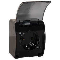 Egyszeres vízálló Schuko földelt dugalj füstszínű fedéllel, IP44, fekete KOALA 181-55 ViPlast