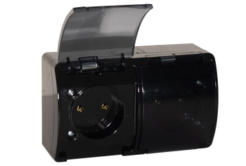 Kettős vízálló Schuko földelt dugalj füstszínű fedéllel, IP44, fekete KOALA 182-55 ViPlast