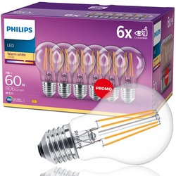 6 db-os LED Classic dekorációs izzókészlet, 7W =60W E27 izzószál, 2700K meleg szín, Philips