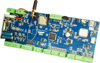 GSM/IP vezérlőpanel, 17VAC/24VDC, puffer tápegység 12V/1,5A, 4 zóna, BIx8-64, BOx8-40, NYÁK, PCB